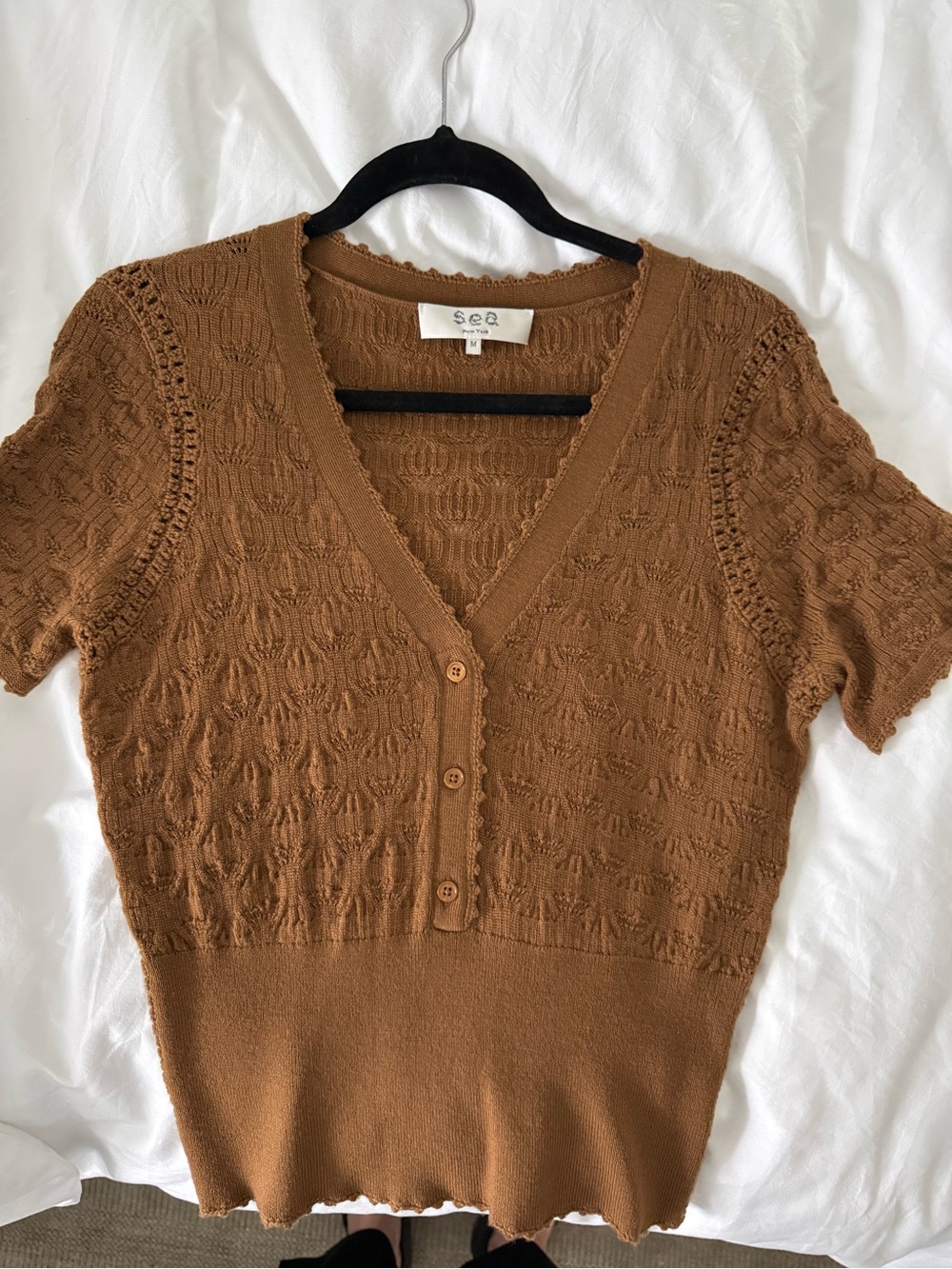Sea Brown Knit Short Sleeve Button-Front Sweater